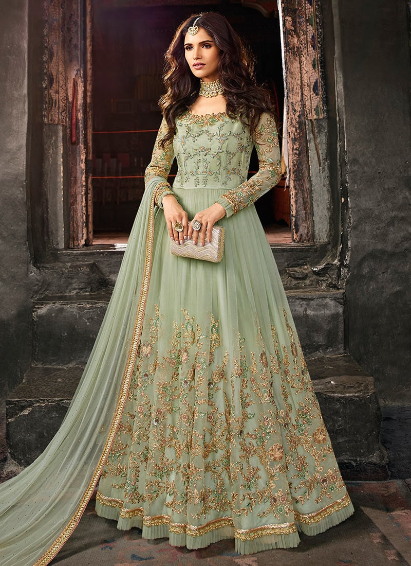 Mint Green Net Embroidered Gown