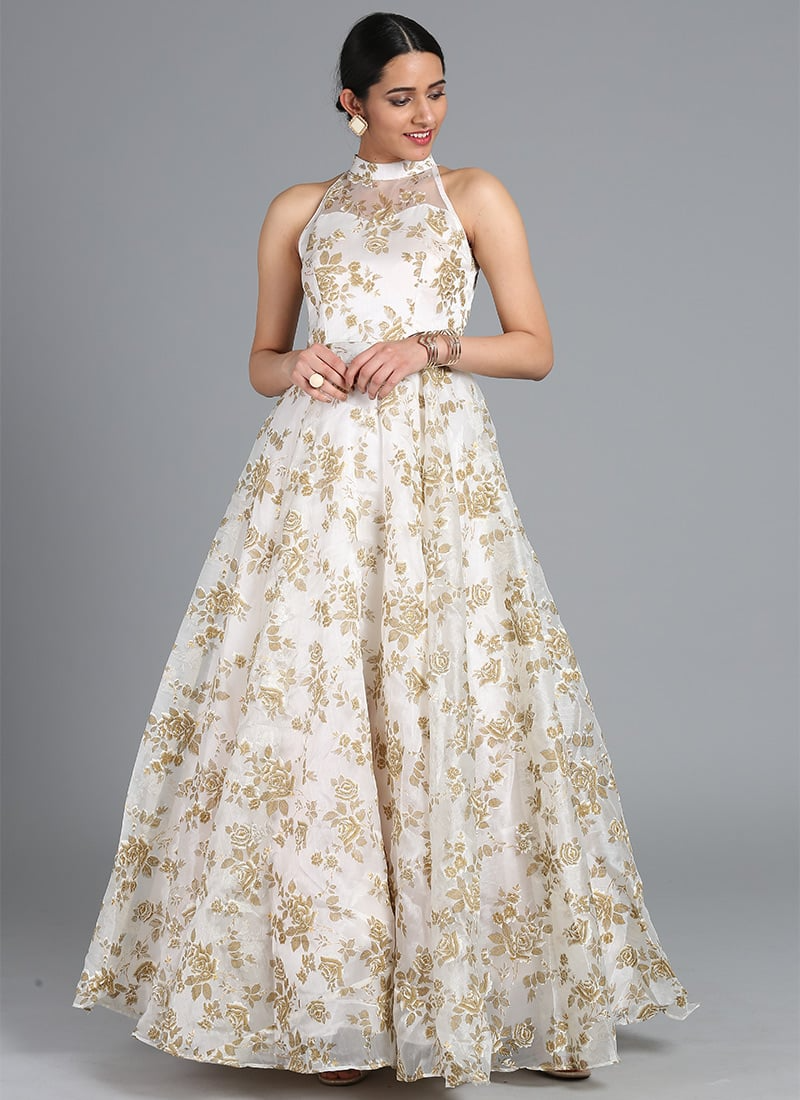 Ethnovog White Printed Gown