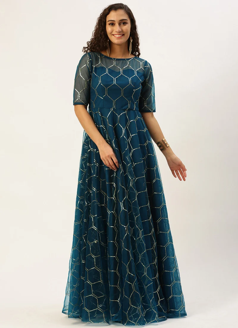 Blue Net Embroidered Floor Length Gown